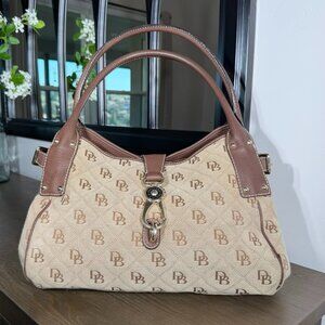 Dooney & Bourke Large Logo Canvas Handbag Brown Leather Trim Shoulder Bag